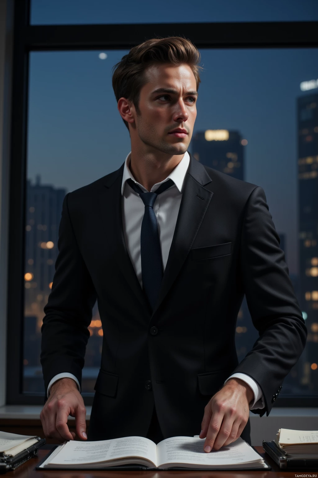 A man in a suit stands at a desk with an open book, looking out a window over a cityscape at night.