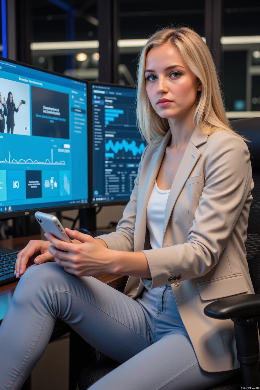 A person in a professional setting, seated at a desk with multiple monitors displaying data and graphs, holding a smartphone.