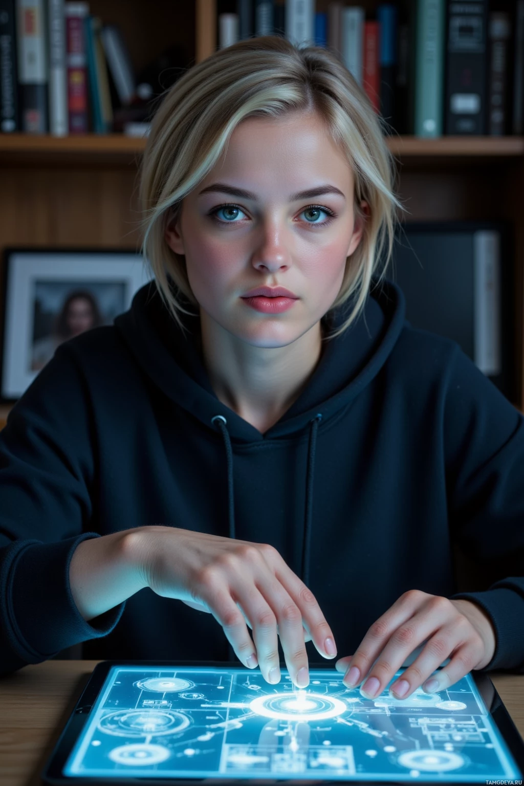 A person wearing a black hoodie interacts with a glowing tablet displaying futuristic graphics.