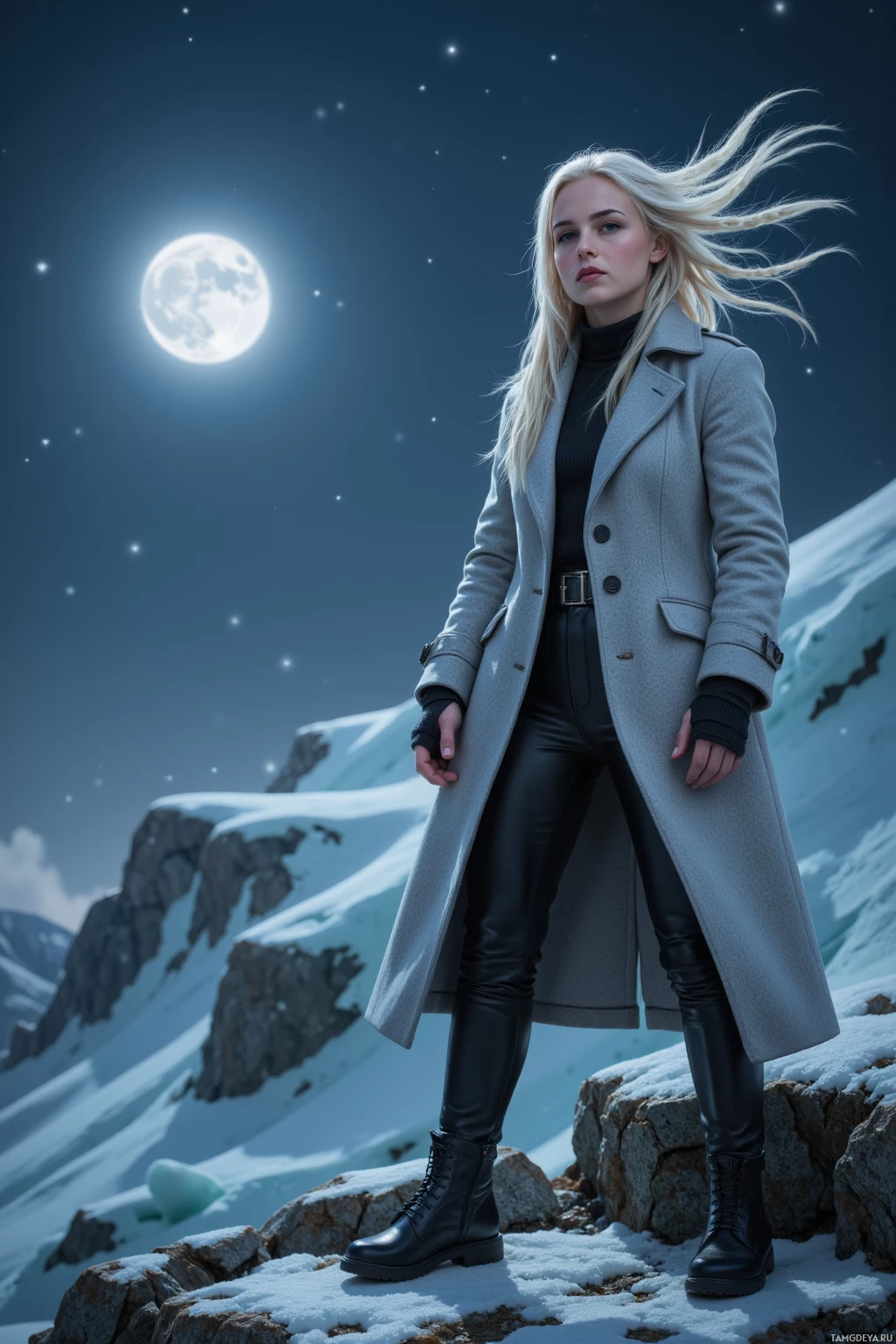 A person stands on snowy rocks under a night sky with stars and a full moon, wearing a long coat and boots.