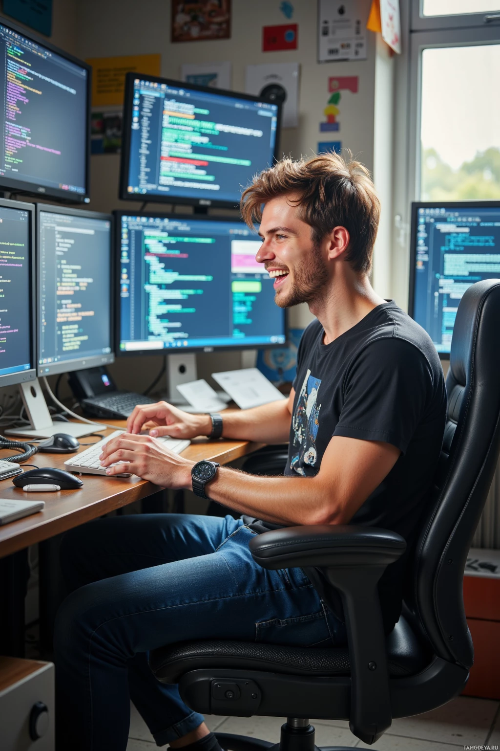 A person is seated at a desk with multiple computer monitors displaying code, smiling while typing on a keyboard.