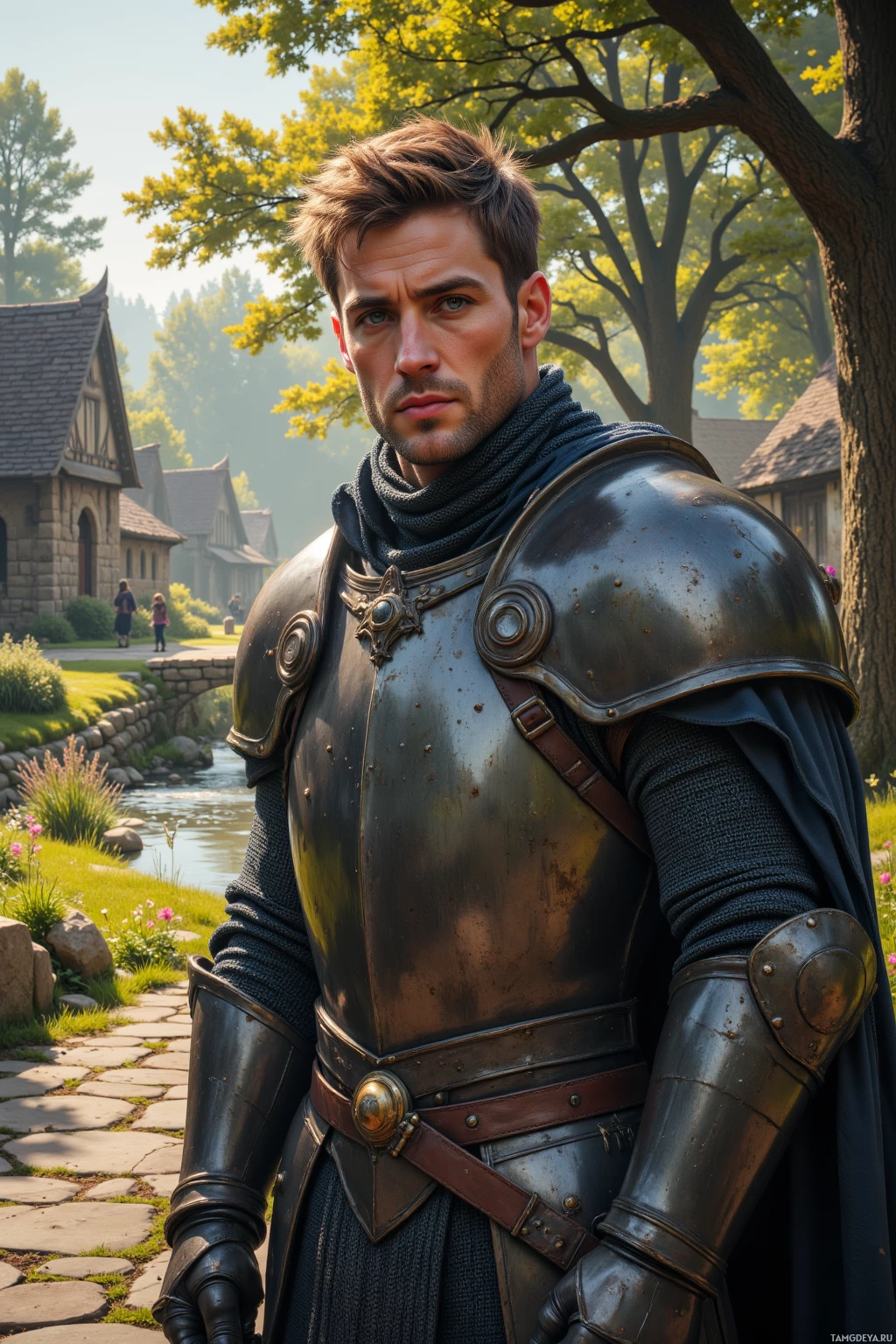 A person in medieval armor stands outdoors near a stream and stone path with trees and buildings in the background.