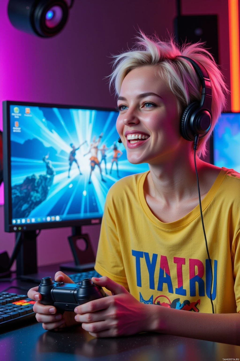 A person wearing headphones and holding a game controller smiles while sitting in front of a computer monitor displaying colorful graphics.