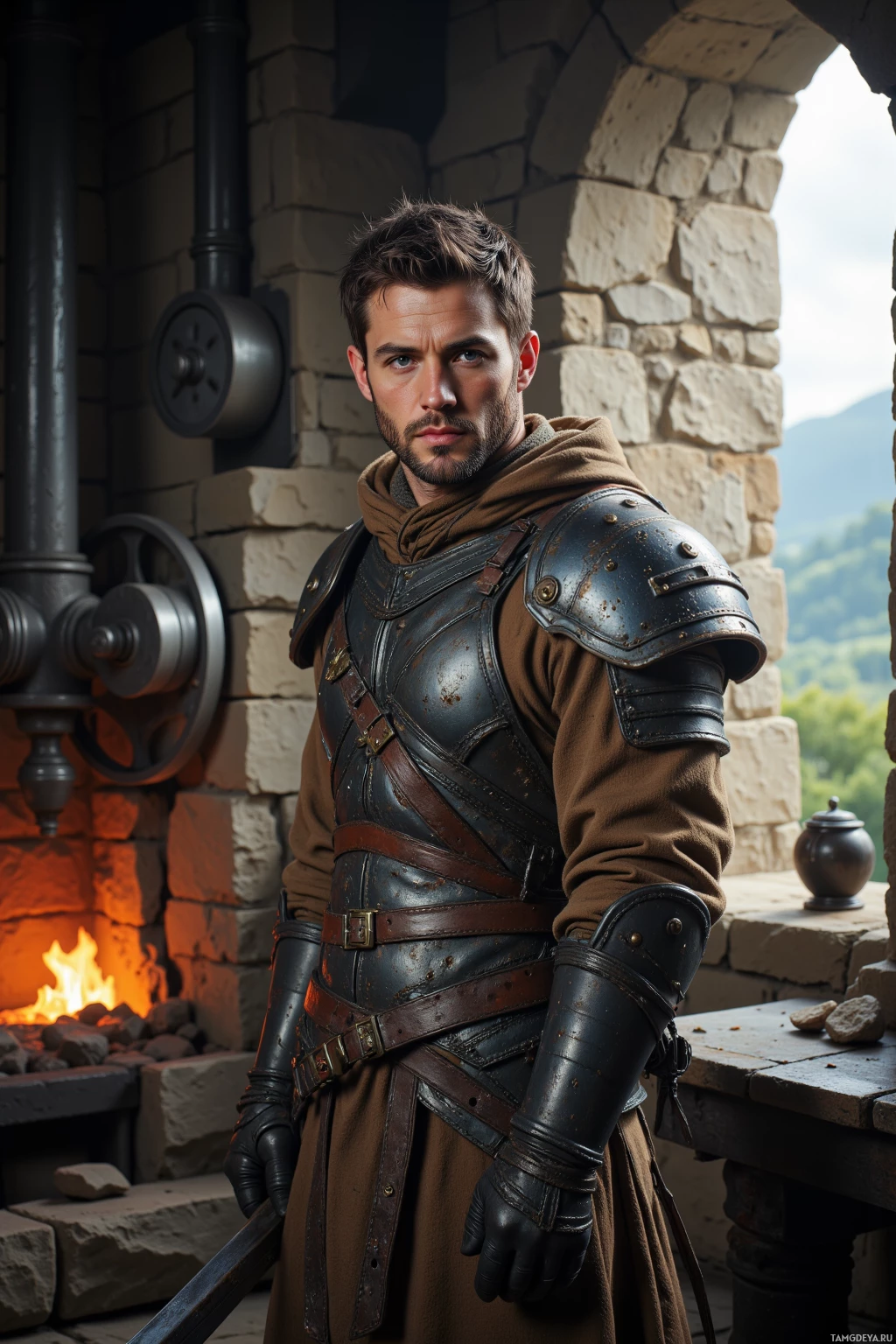 A person in medieval armor stands by a stone fireplace with a scenic view outside.