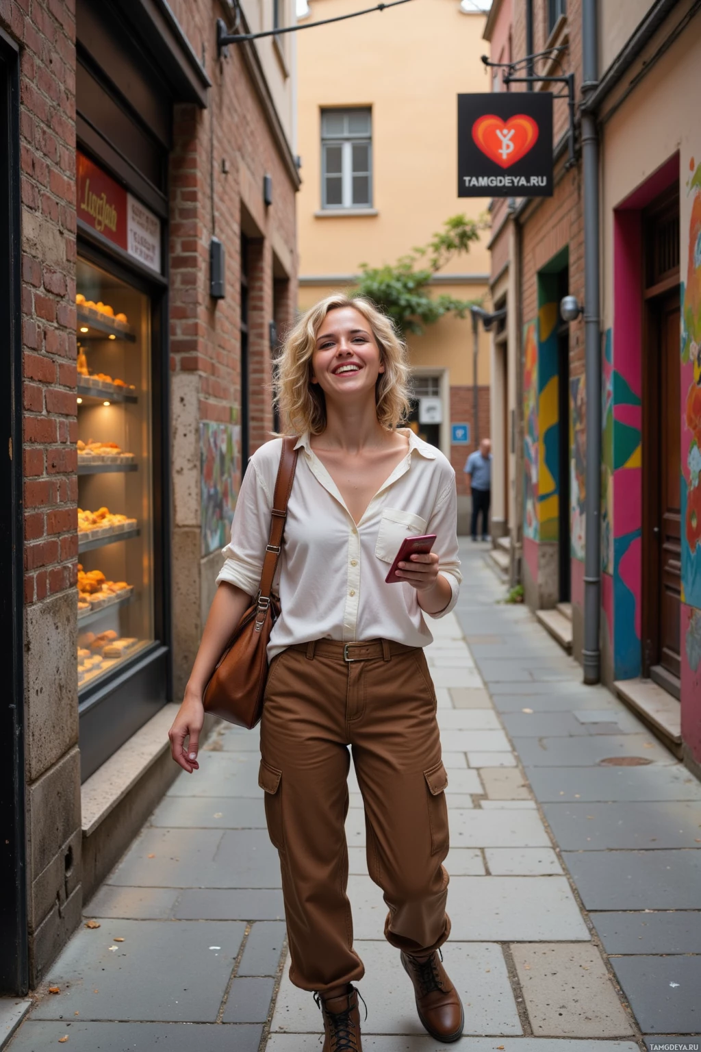 A woman walks down a narrow street, smiling while holding a phone.