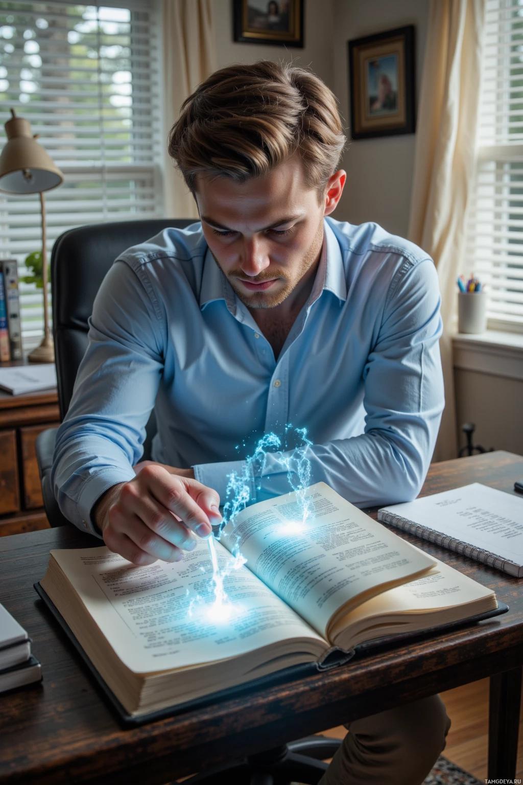 A person is reading a book with a glowing effect emanating from the page.