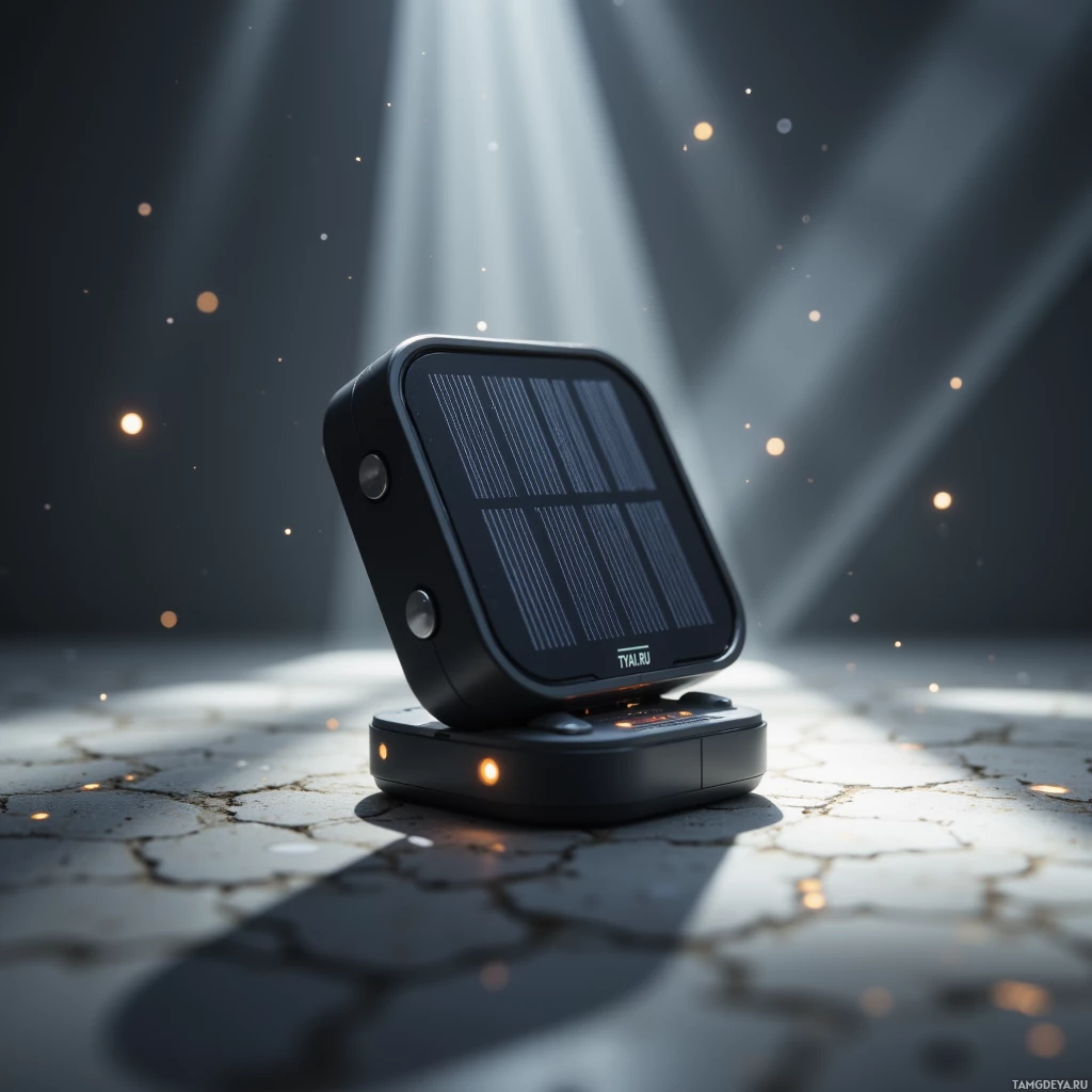 A solar-powered device with a square panel and glowing lights is shown against a dramatic light beam background.