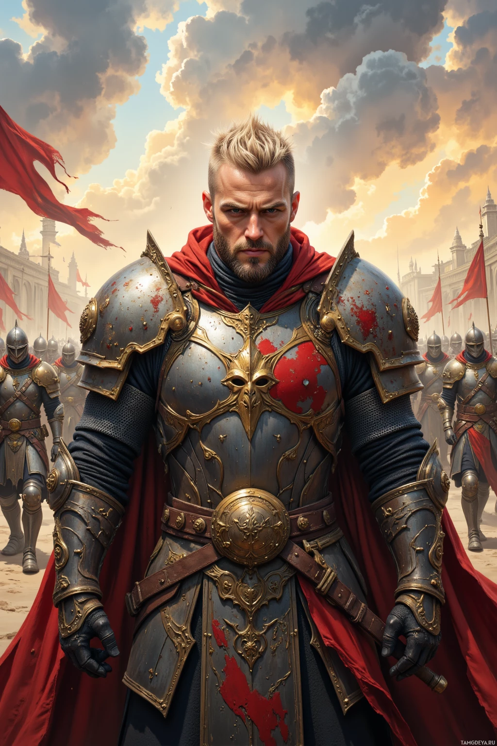 A knight in ornate armor stands in front of a backdrop of a castle and red banners.