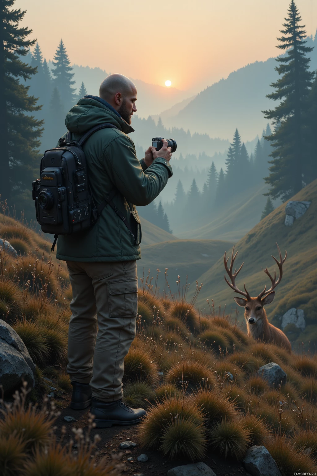 A person stands in a mountainous landscape, holding a camera, with a deer nearby and the sun setting in the background.