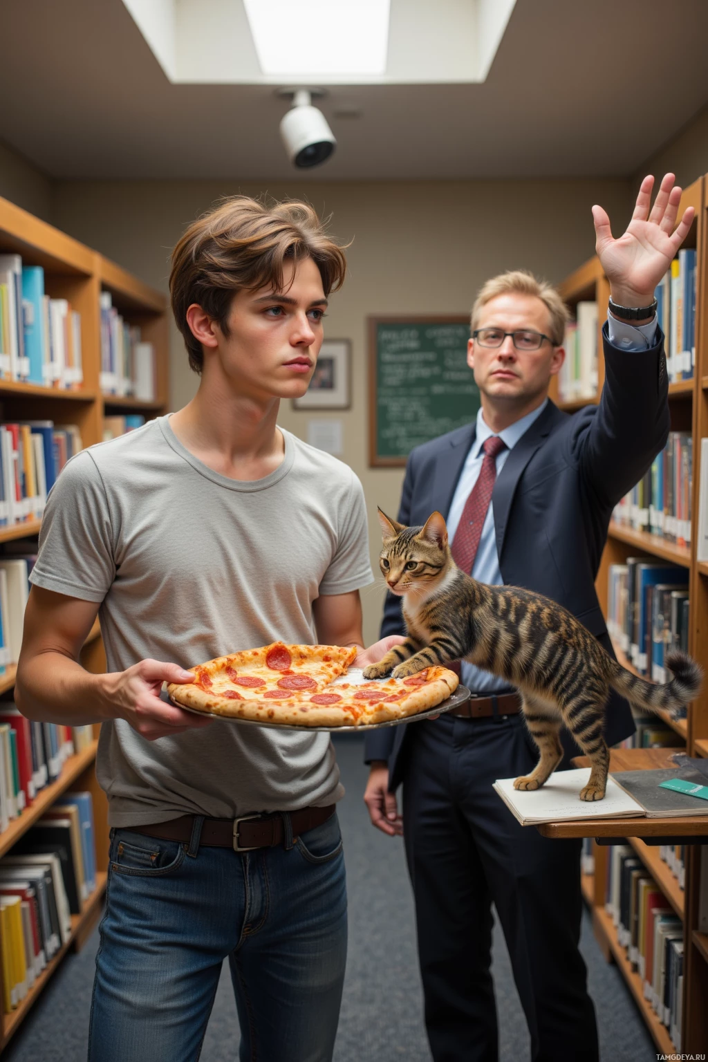 A person holds a pizza while a cat perches on a desk in front of another individual raising their hand.