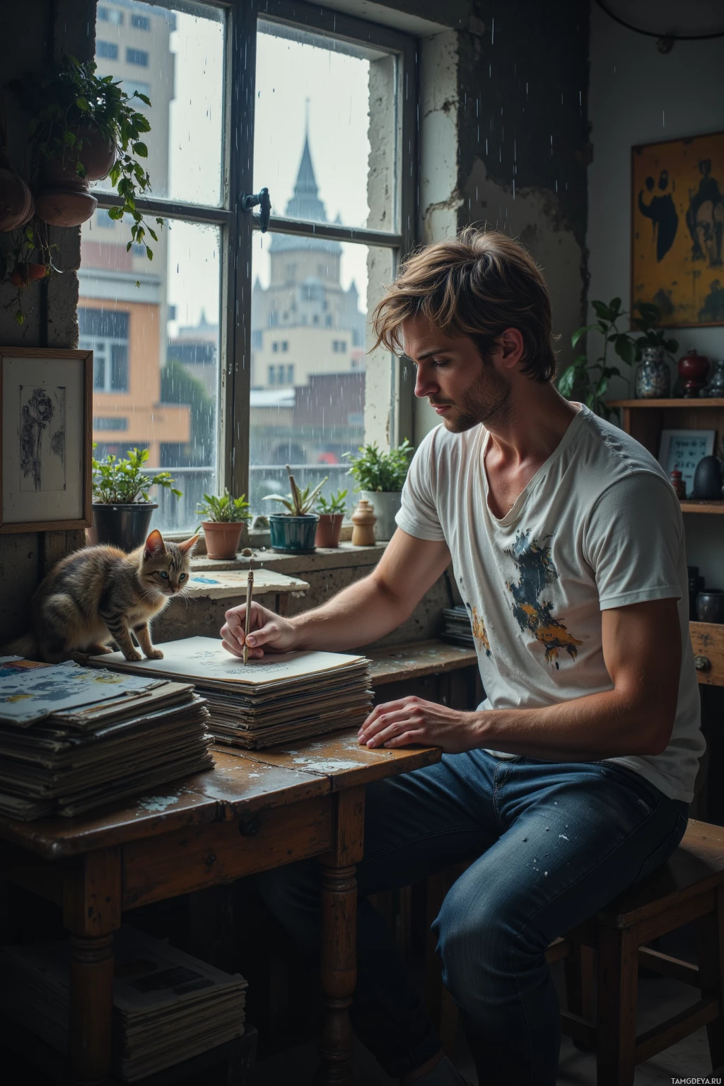 A person sits at an old wooden desk in a rainy room, sketching while a cat perches nearby on the table.