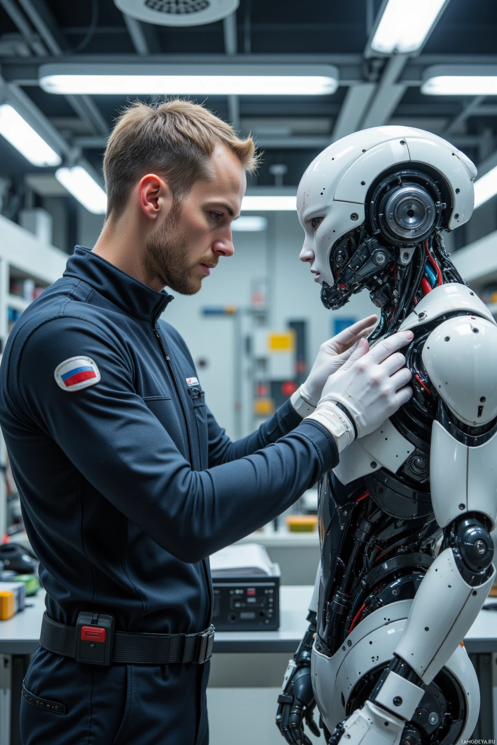 A person in a uniform interacts with a humanoid robot in a laboratory setting.