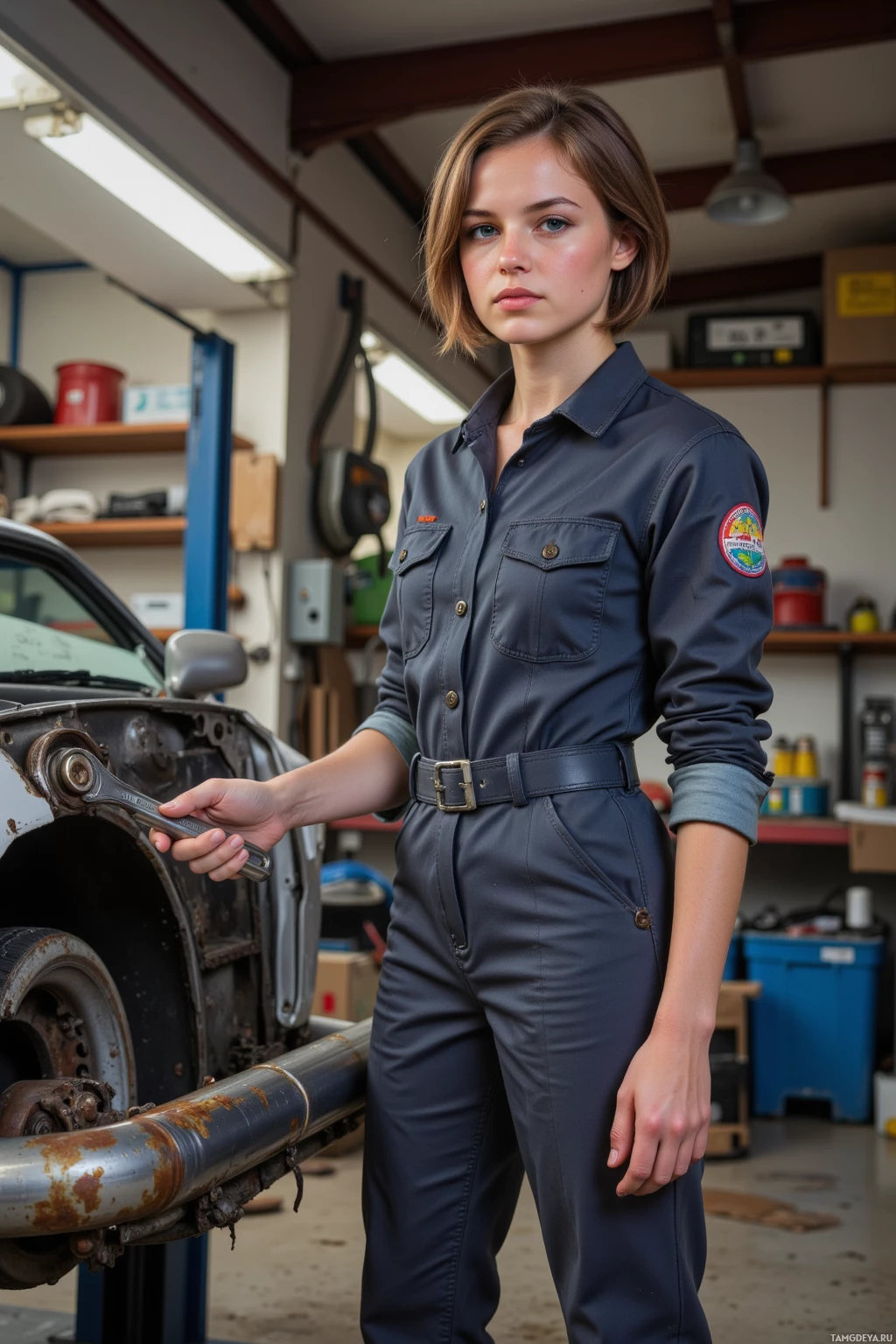 A person in a mechanic's uniform stands in a workshop, holding a wrench.