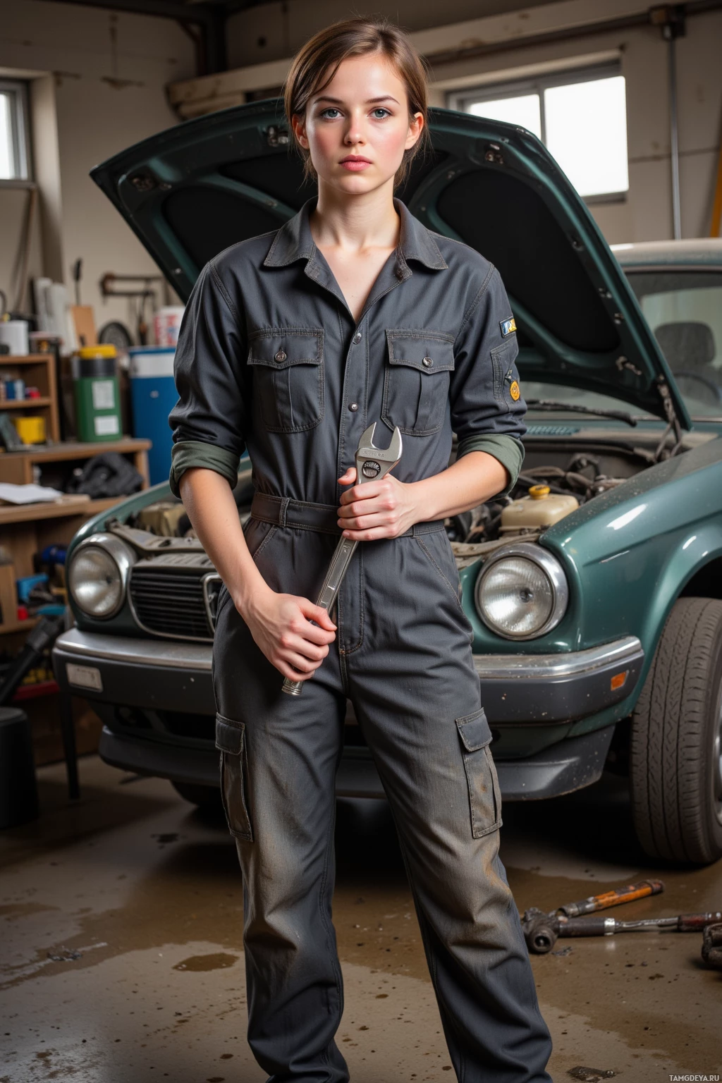 A person in a mechanic's jumpsuit holds a wrench in a garage with a car in the background.