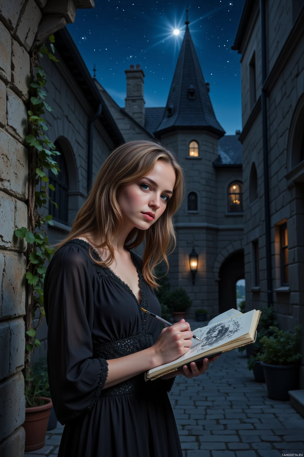 A person in a dark dress is sketching under a starlit sky near an old stone building with a tower.