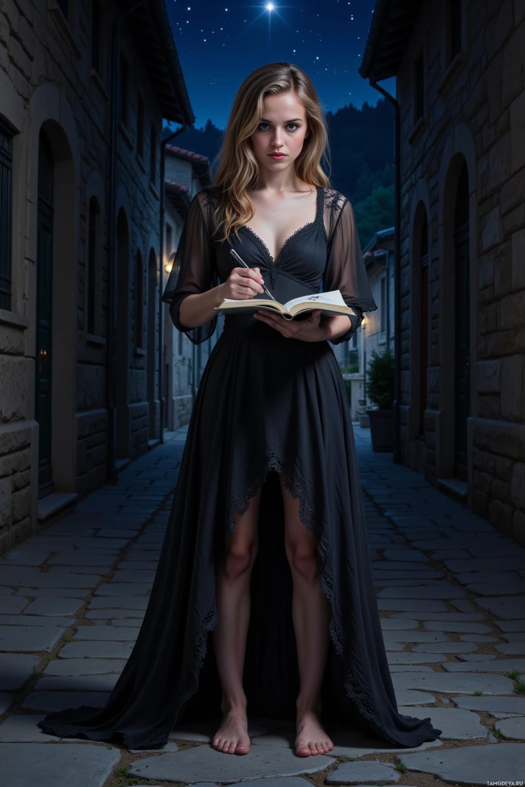 A woman in a black dress stands barefoot on cobblestone streets under a starry night sky, holding an open book and pen.