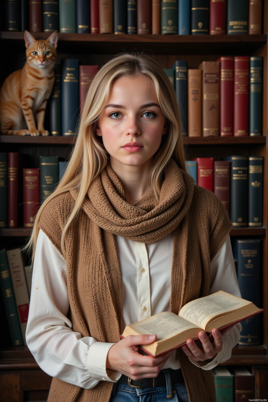 A person wearing a scarf and holding an open book stands in front of a bookshelf with a cat perched on the top shelf.