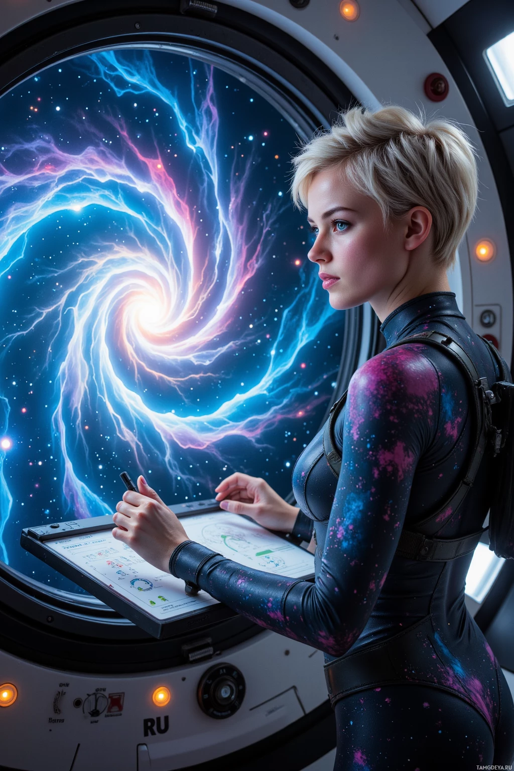 A person in a space suit works on a tablet inside a spacecraft, with a vibrant cosmic scene visible through the window.