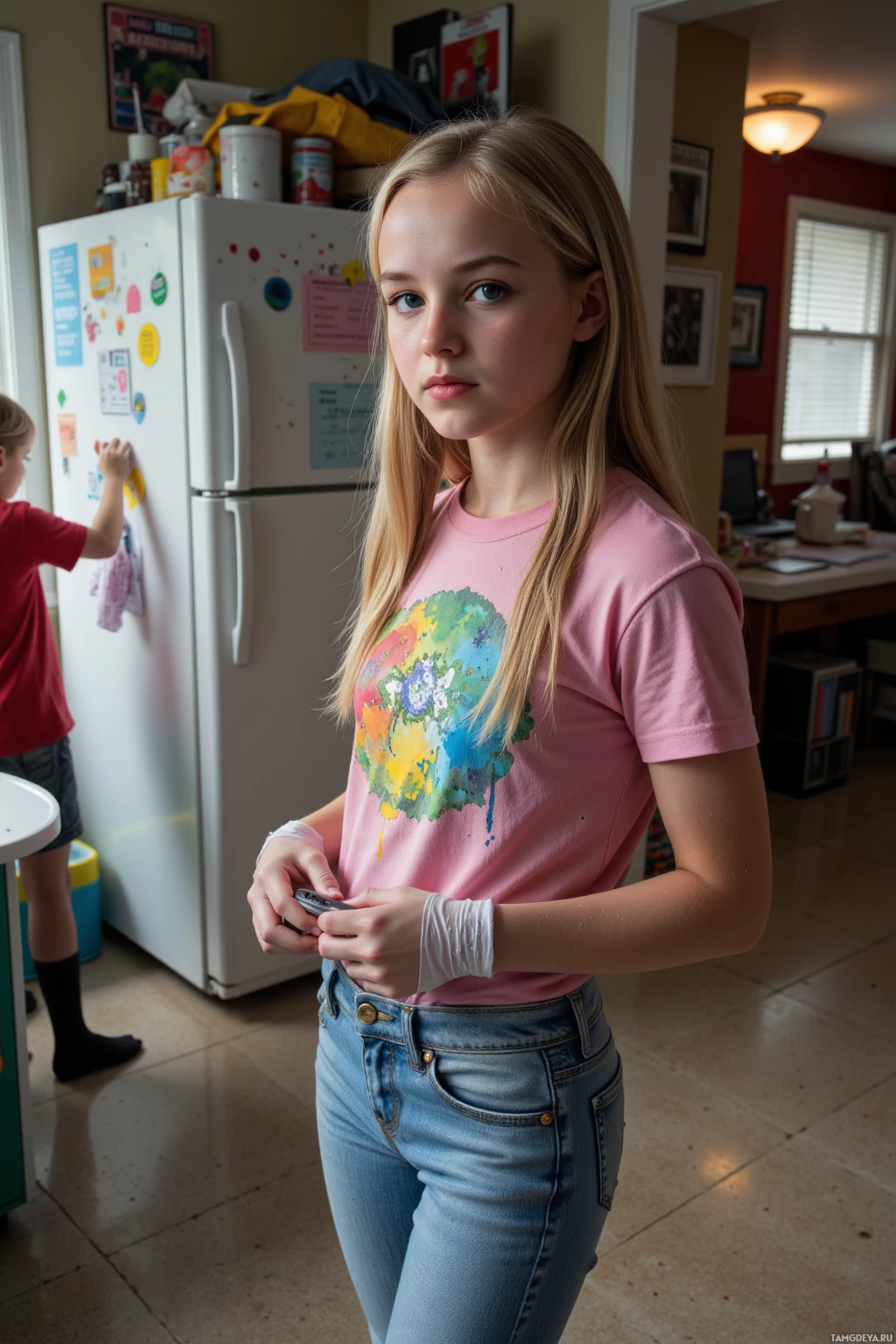 A young girl in a pink shirt and jeans stands indoors near a refrigerator, holding something small in her hands.
