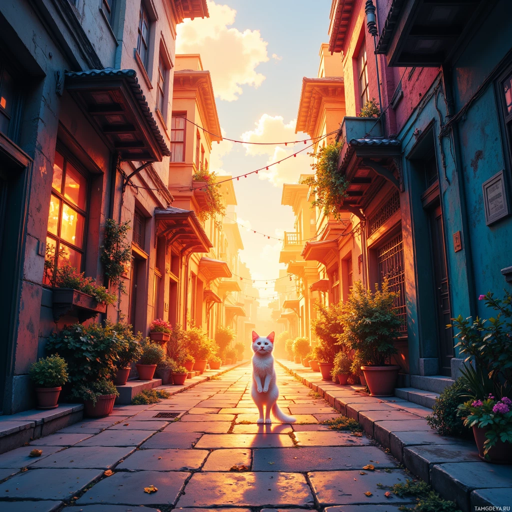 A white cat stands on a cobblestone street lined with potted plants and colorful buildings under a warm, golden sky.