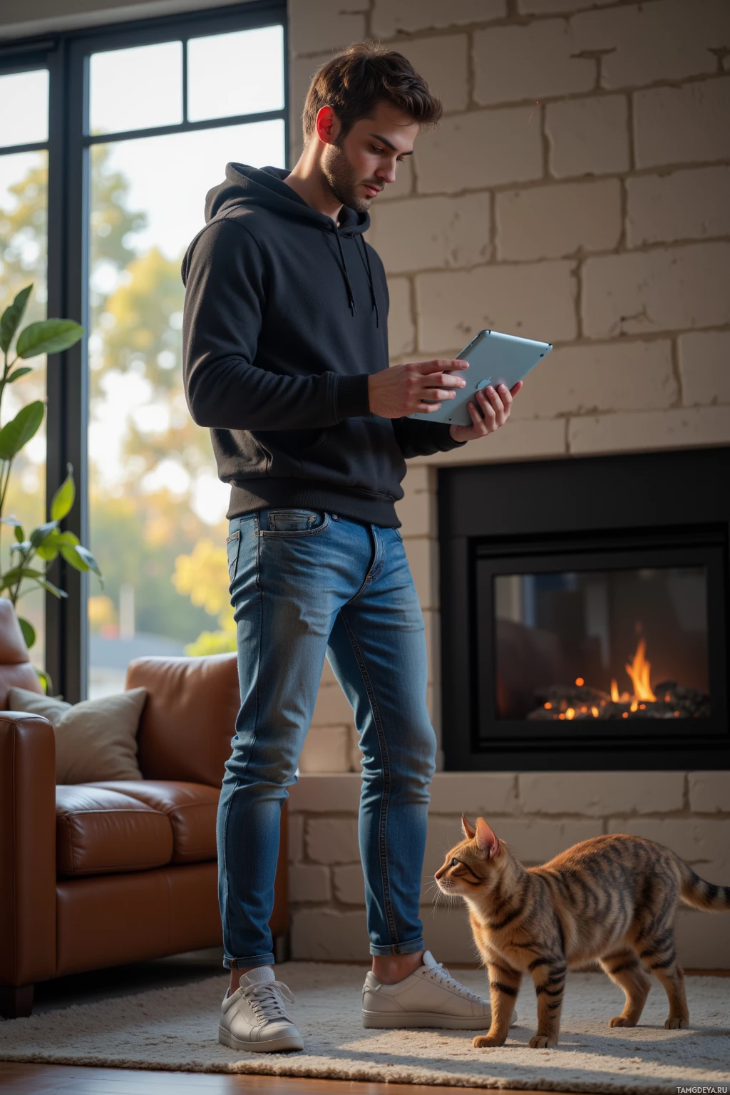 A person stands in a cozy living room, holding a tablet, with a cat nearby.