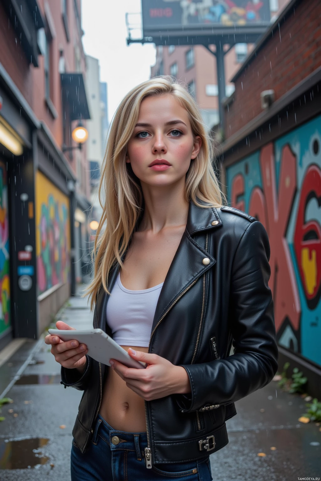 A person wearing a black leather jacket and jeans stands in an alleyway holding a tablet under rain.
