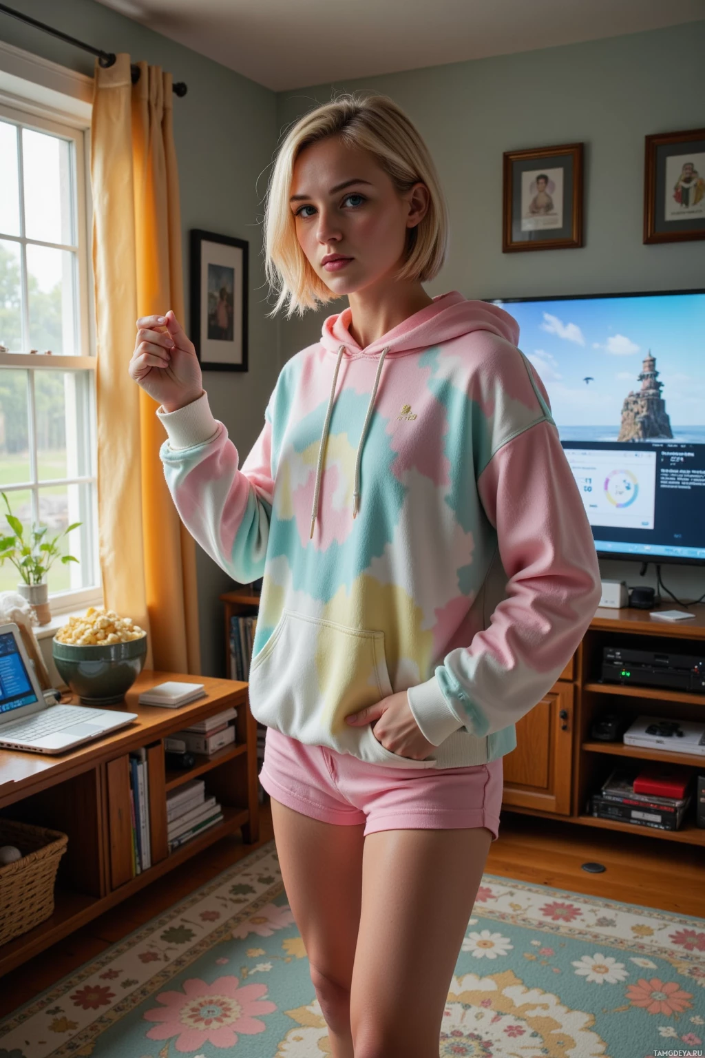 A person wearing a pastel tie-dye hoodie and pink shorts stands in a cozy room with a window, bookshelf, and TV displaying an animated scene.