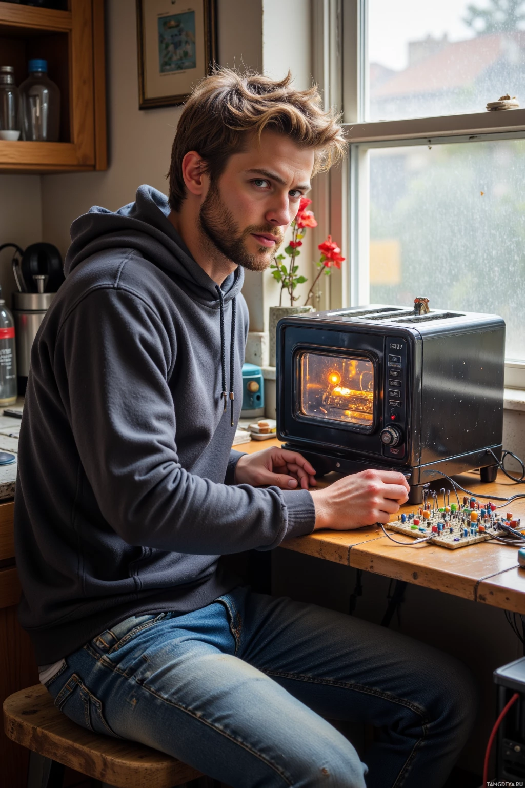 A person sits at a kitchen counter with a toaster oven and electronic components.
