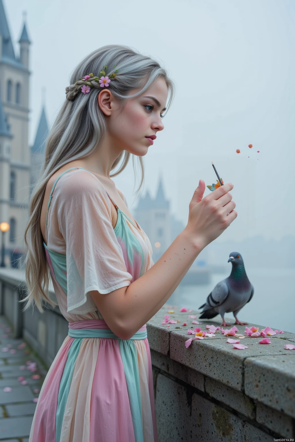 A woman in a pastel dress stands by a railing, holding a small object, with a pigeon and scattered petals nearby.