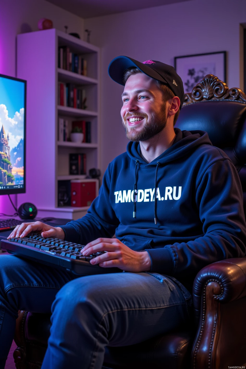 A person wearing a hoodie with "TAMGDEYA.RU" on it is sitting in front of a computer and smiling.