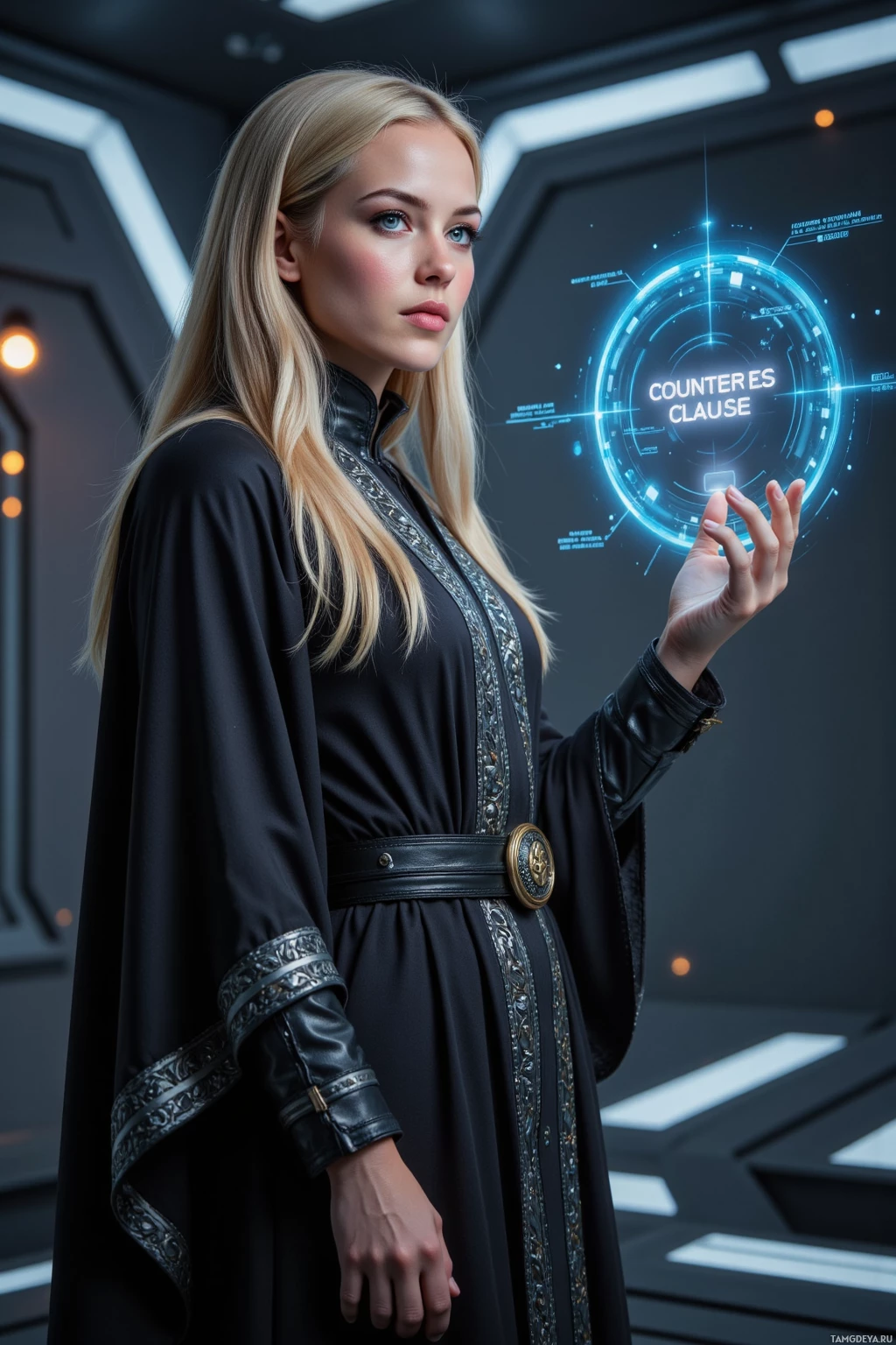 A person in a futuristic setting interacts with a holographic interface displaying "Counter Clause.
