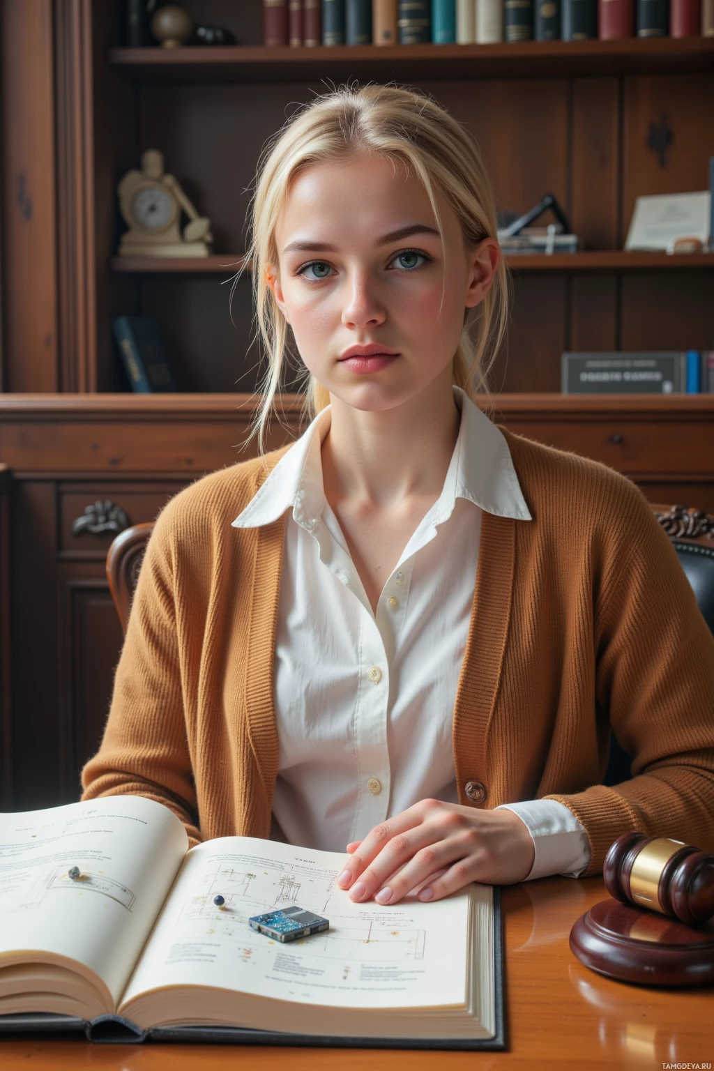 A person in an office setting with books and a gavel on the desk.