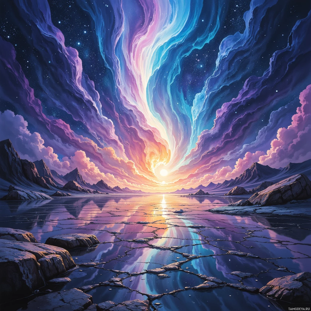 A vibrant, surreal landscape featuring a colorful sky with swirling clouds and a reflective, cracked surface below.