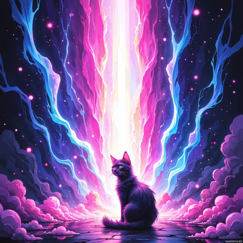 A mystical scene featuring a cat sitting amidst glowing, colorful energy streams and ethereal clouds.