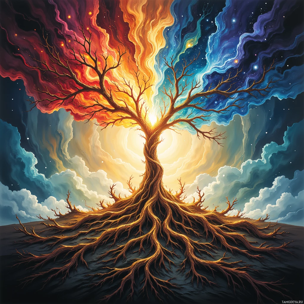 A vibrant, abstract tree with roots and branches extending into a colorful sky.