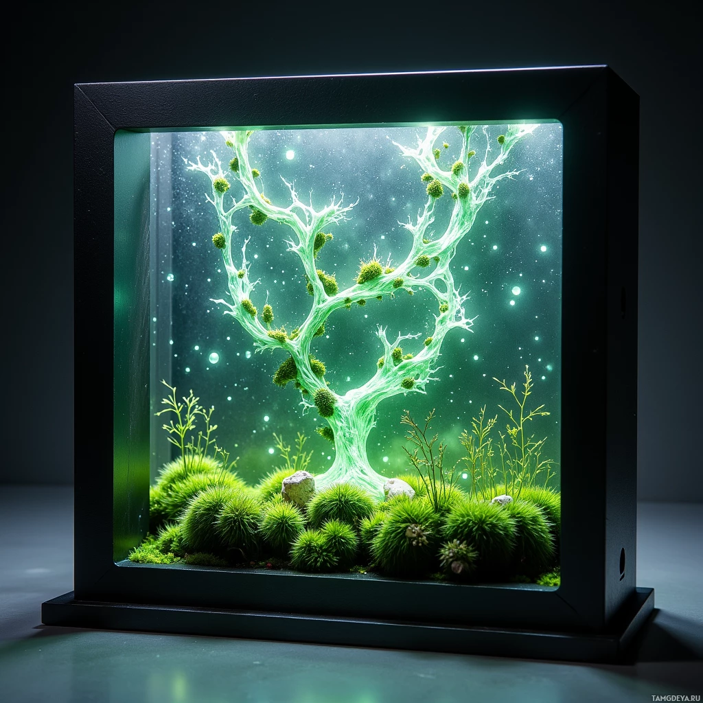 A glowing, ethereal tree with green foliage and small spherical structures is displayed in a glass box with a black frame.