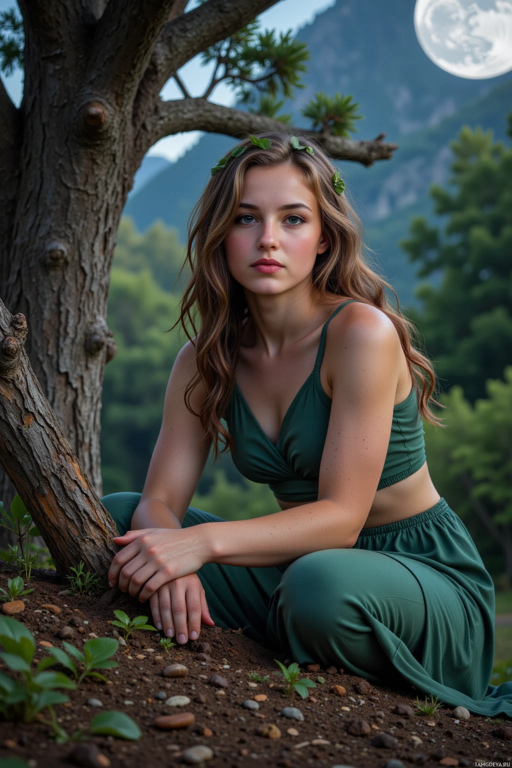 A person in green attire sits on the ground near a tree with a scenic mountain backdrop and a full moon above.