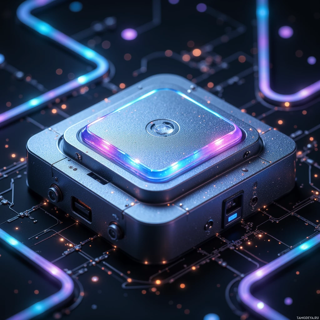 A futuristic device with glowing edges and ports is set against a circuit board background.