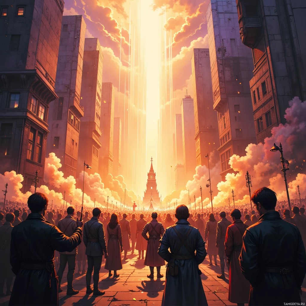 A large crowd gathers in a city square as a bright light shines through the buildings.
