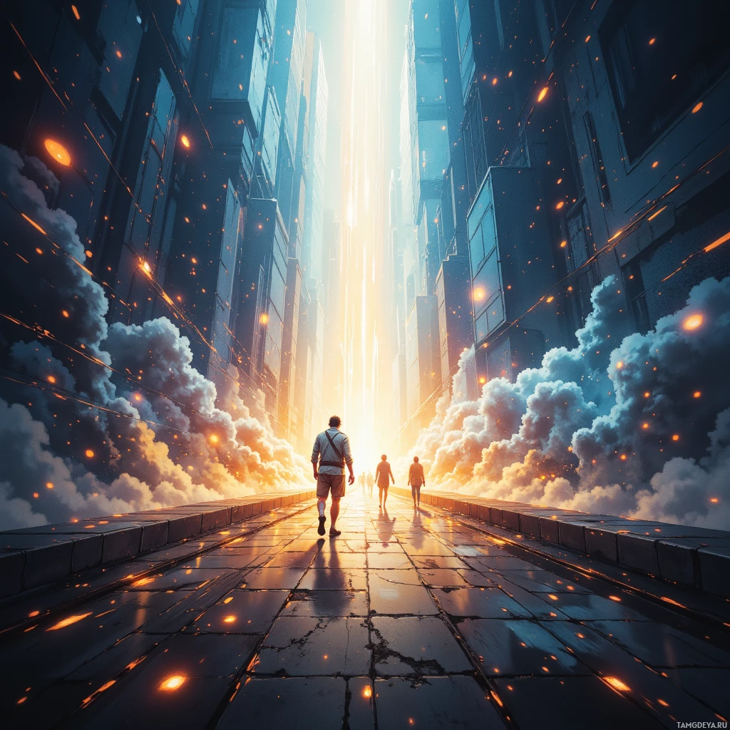 A group walks down a sunlit city street with glowing particles and clouds in the sky.