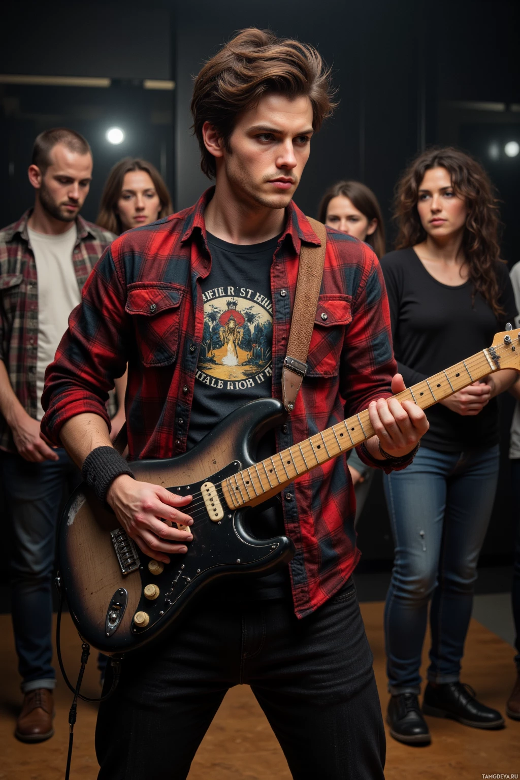 A young man plays an electric guitar in a room with other people.