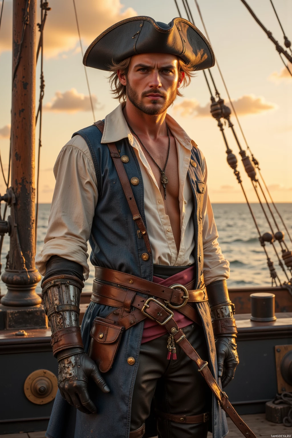 A person dressed in pirate attire stands on a ship at sunset.