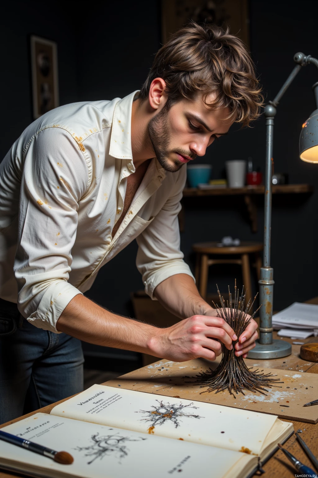 A person is working on an intricate wire sculpture at a desk with various tools and materials around them.