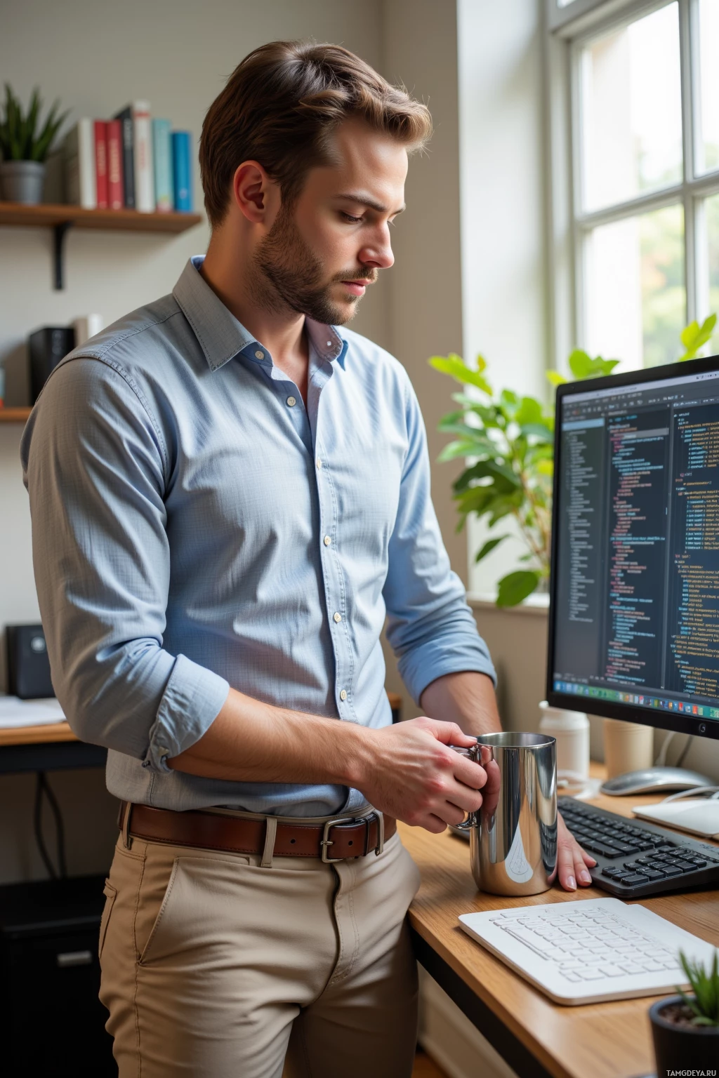 A person stands at a desk, holding a mug, with a computer displaying code in the background.