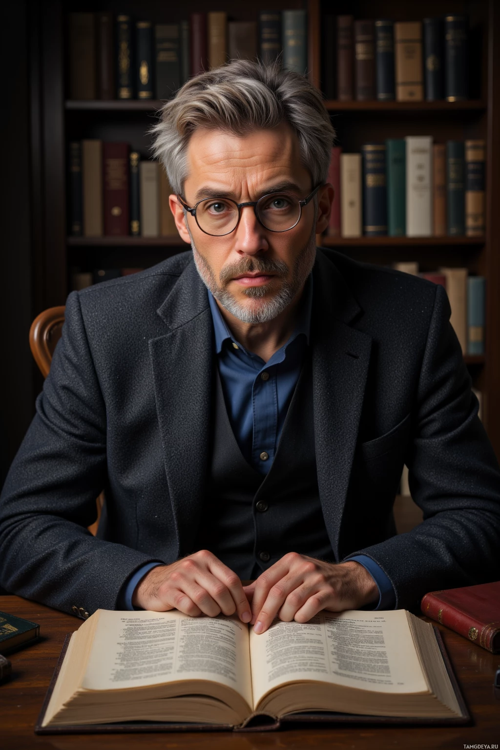 A man in a suit sits at a desk with an open book, surrounded by bookshelves.