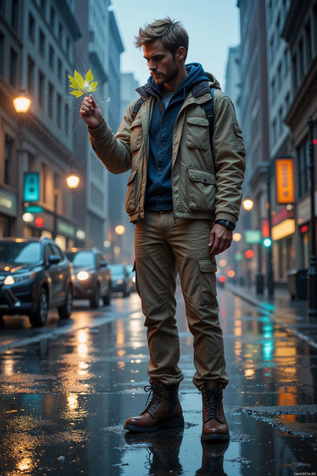 A person stands on a wet city street holding a leaf in the rain.