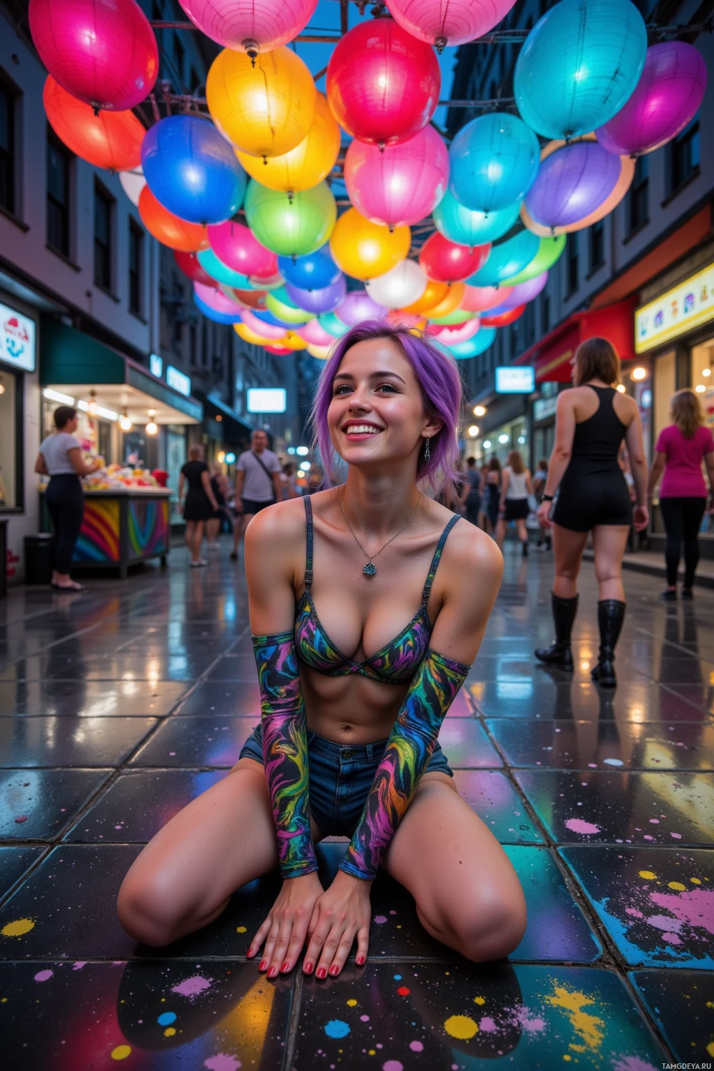 A person with purple hair sits on a colorful tiled street decorated with vibrant balloons above.