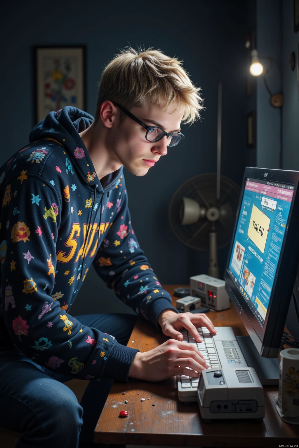 A person wearing a colorful hoodie is sitting at a desk, typing on a computer.