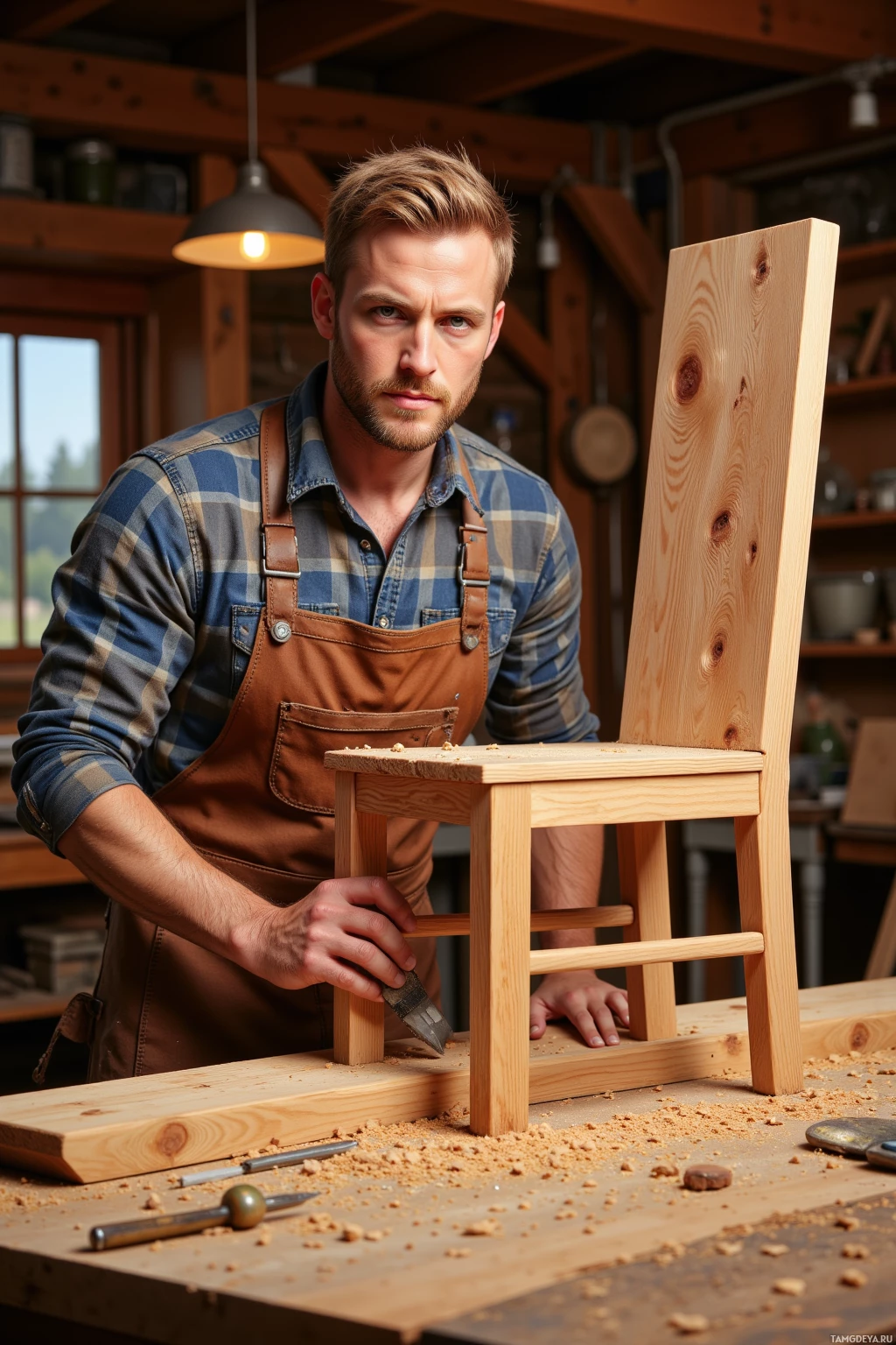 A man in an apron works on assembling a wooden chair at a workshop table.