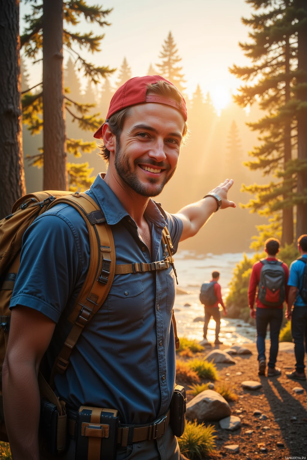 A man in a red cap and hiking gear smiles while standing on a trail with others in the background.